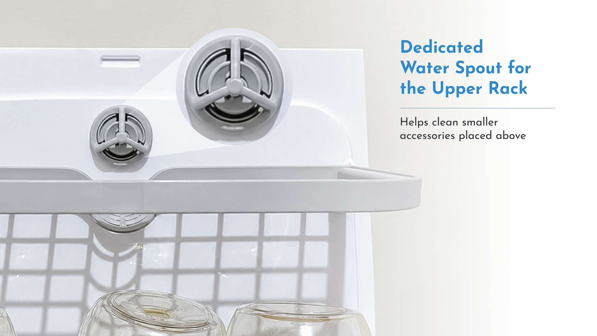 Dedicated upper rack water spout in Lollababy Pristine bottle washer