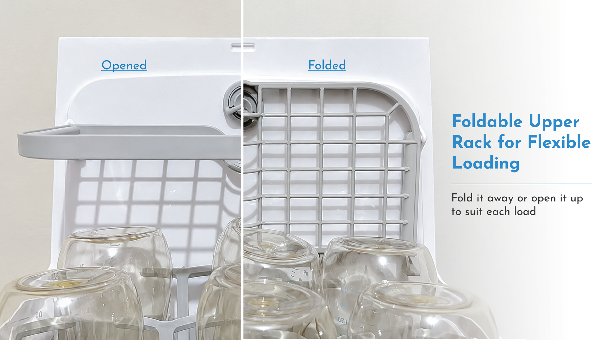Foldable upper rack in Pristine bottle washer shown opened and folded