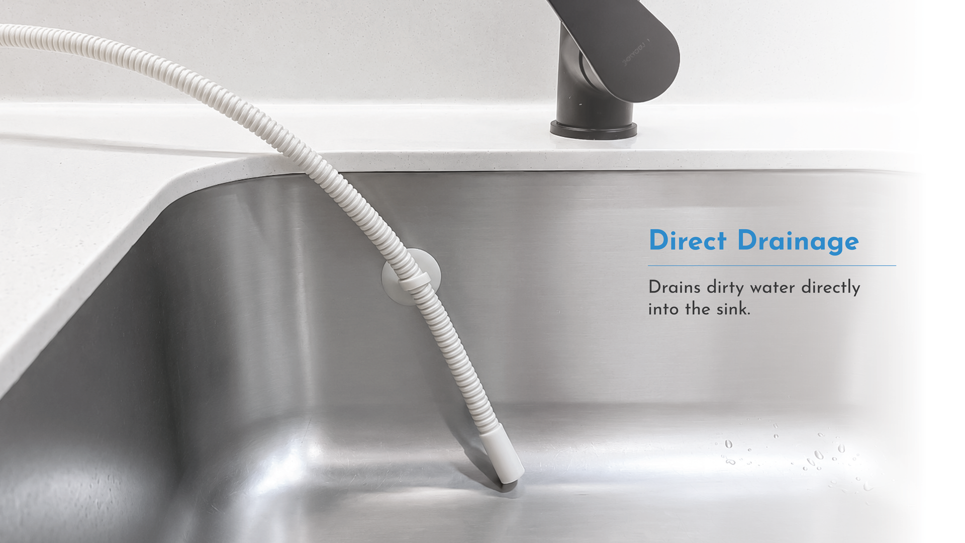 Direct drainage hose from Pristine bottle washer draining into kitchen sink